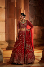 Load image into Gallery viewer, BLOOD RED RAW SILK BRIDAL LEHENGA CHOLI SET WITH TULLE DUPATTA
