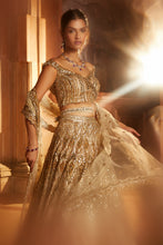 Load image into Gallery viewer, CHAMPAGNE GOLD TULLE LEHENGA CHOLI DUPATTA SET WITH WORKED BELT