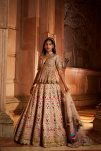 Load image into Gallery viewer, BLUSH PINK RAW SILK LEHENG WITH A PEPLUM TOP AND TULLE DUPATTA