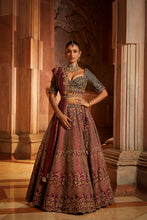 Load image into Gallery viewer, WINE TAFETTA LEHENGA AND BELT WITH NAVY CHOLI AND WINE TISSUE DUPATTA