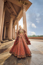 Load image into Gallery viewer, RUST TAFETTA LEHENGA WITH OLIVE CHOLI, MAROON TISSUE DUPATTA AND BELT