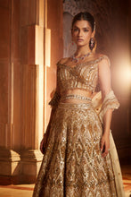 Load image into Gallery viewer, CHAMPAGNE GOLD TULLE LEHENGA CHOLI DUPATTA SET WITH WORKED BELT