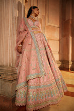 Load image into Gallery viewer, PEACH TAFETTA LEHENGA CHOLI WITH A WORKED BELT AND TULLE DUPATTA