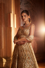 Load image into Gallery viewer, CHAMPAGNE GOLD TULLE LEHENGA CHOLI DUPATTA SET WITH WORKED BELT