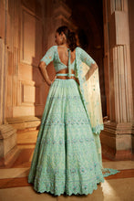 Load image into Gallery viewer, VIBRANT MINT GREEN TULLE LEHENGA CHOLI DUPATAA WITH A WORKED BELT