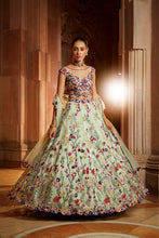 Load image into Gallery viewer, MINT GREEN TULLE LEHENGA CHOLI DUPATTA WITH A WORKED BELT