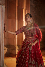 Load image into Gallery viewer, BLOOD RED RAW SILK BRIDAL LEHENGA CHOLI SET WITH TULLE DUPATTA