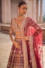 Load image into Gallery viewer, MAROON RAW SILK LEHENGA CHOLI AND WORKED BELT WITH TULLE DUPATTA
