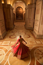 Load image into Gallery viewer, DEEP RED RAW SILK LEHENGA WITH GOLD CHOLI AND TULLE DUPATTA