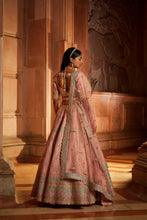Load image into Gallery viewer, PEACH TAFETTA LEHENGA CHOLI WITH A WORKED BELT AND TULLE DUPATTA