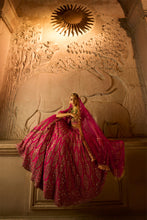 Load image into Gallery viewer, FUSCHIA RED RAW SILK BRIDAL LEHENGA CHOLI WITH A TULLE DUPATTA AND AN OPTIONAL SECOND TULLE DUPATTA