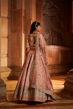 Load image into Gallery viewer, PEACH TAFETTA LEHENGA CHOLI WITH A WORKED BELT AND TULLE DUPATTA