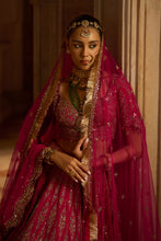 Load image into Gallery viewer, FUSCHIA RED RAW SILK BRIDAL LEHENGA CHOLI WITH A TULLE DUPATTA AND AN OPTIONAL SECOND TULLE DUPATTA