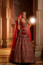 Load image into Gallery viewer, BLOOD RED RAW SILK LEHENGA CHOLI AND BELT WITH TULLE DUPATTA WITH AN OPTIONAL LIGHTER SECOND DUPATTA