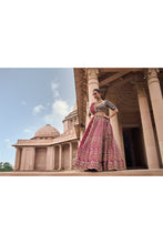 Load image into Gallery viewer, WINE TAFETTA LEHENGA AND BELT WITH NAVY CHOLI AND WINE TISSUE DUPATTA