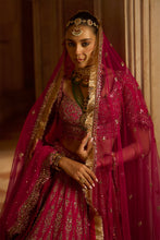 Load image into Gallery viewer, FUSCHIA RED RAW SILK BRIDAL LEHENGA CHOLI WITH A TULLE DUPATTA AND AN OPTIONAL SECOND TULLE DUPATTA