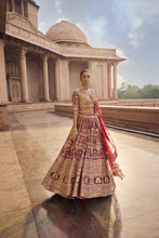 Load image into Gallery viewer, MAROON RAW SILK LEHENGA CHOLI AND WORKED BELT WITH TULLE DUPATTA