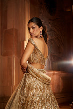 Load image into Gallery viewer, CHAMPAGNE GOLD TULLE LEHENGA CHOLI DUPATTA SET WITH WORKED BELT