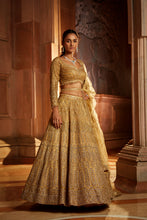 Load image into Gallery viewer, GOLD ORGANZA LEHENGA CHOLI DUPATTA WITH WORKED BELT