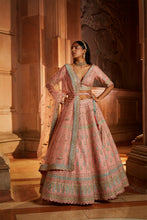 Load image into Gallery viewer, PEACH TAFETTA LEHENGA CHOLI WITH A WORKED BELT AND TULLE DUPATTA