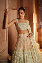 Load image into Gallery viewer, TRIPPLE COLOUR SHADED ORGANZA LEHENGA CHOLI DUPATTA SET WITH OPTIONAL VEIL