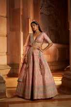 Load image into Gallery viewer, PEACH TAFETTA LEHENGA CHOLI WITH A WORKED BELT AND TULLE DUPATTA