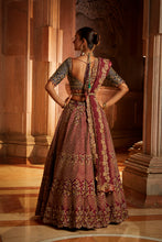Load image into Gallery viewer, WINE TAFETTA LEHENGA AND BELT WITH NAVY CHOLI AND WINE TISSUE DUPATTA