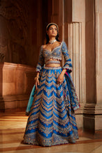 Load image into Gallery viewer, PEACOCK BLUE TAFETTA LEHENGA CHOLI WITH A TULLE DUPATTA AND BELT