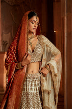 Load image into Gallery viewer, IVORY TAFETTA LEHENGA CHOLI SET WITH A TULLE DUPATTA AND OPTIONAL BANDHEJ SECOND DUPATTA