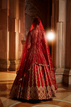 Load image into Gallery viewer, DEEP RED RAW SILK LEHENGA WITH GOLD CHOLI AND TULLE DUPATTA