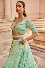Load image into Gallery viewer, VIBRANT MINT GREEN TULLE LEHENGA CHOLI DUPATAA WITH A WORKED BELT