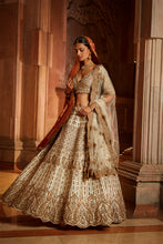 Load image into Gallery viewer, IVORY TAFETTA LEHENGA CHOLI SET WITH A TULLE DUPATTA AND OPTIONAL BANDHEJ SECOND DUPATTA