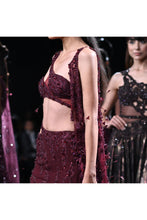 Load image into Gallery viewer, Maroon Chiffon tonal crystal encrusted hand Embroidered skirt choli set