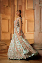 Load image into Gallery viewer, SOFT SAGE GREEN TULLE LEHENGA CHOLI AND BELT WITH A BLUSH INK DUPATTA