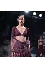 Load image into Gallery viewer, Crystal sheeted choli paired with Embroidered and cutwork edge shimmer tulle dupatta