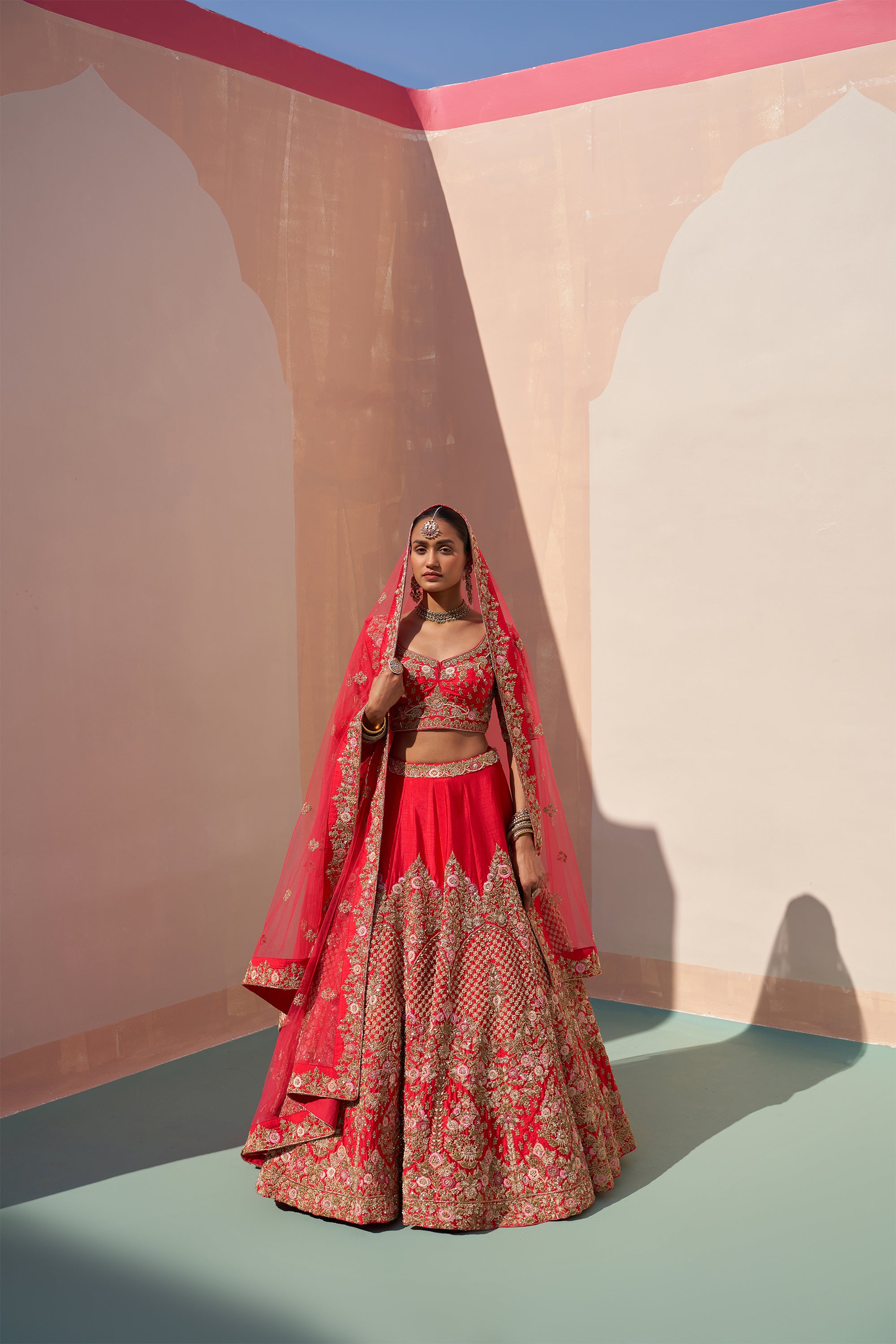 Red Net Dinner Lengha with Dupatta [PreOrder] main image 1