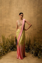 Load image into Gallery viewer, Pastel green & pink ombre pre-draped modal satin saree with embroidered blouse