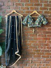 Load image into Gallery viewer, Black organza saree and embroidered blouse set