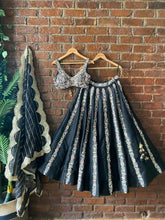 Load image into Gallery viewer, Black Resham and Mirror hand embroidered lehenga set