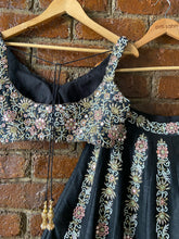 Load image into Gallery viewer, Black Resham and Mirror hand embroidered lehenga set with Blush Pink Dupatta