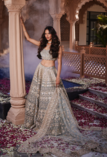 Load image into Gallery viewer, Dusty firoza velvet embroidered lehenga