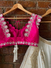 Load image into Gallery viewer, Ivory and Fuchsia Lehenga set with mirror work