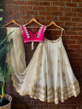 Load image into Gallery viewer, Ivory and Fuchsia Lehenga set with mirror work