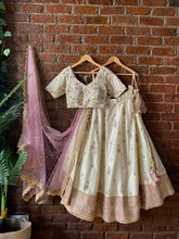 Load image into Gallery viewer, Ivory and Pink Resham and Mirror hand embroidered lehenga set