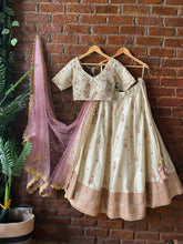 Load image into Gallery viewer, Ivory and Pink Resham and Mirror hand embroidered lehenga set