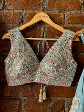 Load image into Gallery viewer, Dusty Blue and Blush Pink Mirror work lehenga set Gown
