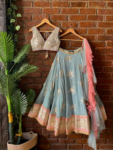 Load image into Gallery viewer, Dusty Blue and Blush Pink Mirror work lehenga set Gown