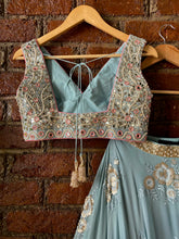 Load image into Gallery viewer, Dusty Blue and Blush Pink Mirror work lehenga set Gown