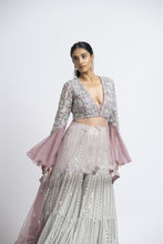 Load image into Gallery viewer, LAVENDER TULLE PEPLUM WITH GREY LAYERED GEORGETTE SHARARA