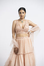 Load image into Gallery viewer, PEACH CRUSHED CHIGNON TIERED LEHENGA WITH NET CHOLI AND DUPATTA